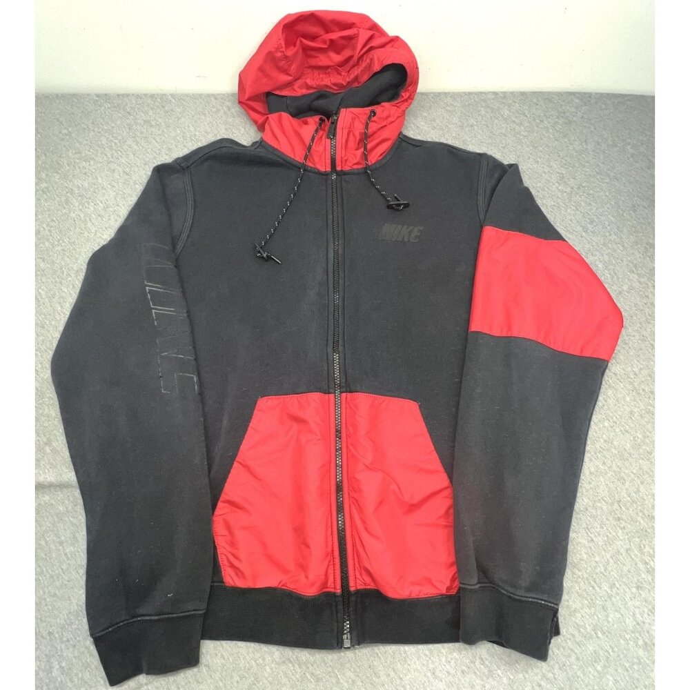 Vintage Nike Hoodie Mens Large Black Red Full Zip Fleece‎ Sweatshirt Thumbholes - Picture 2 of 11